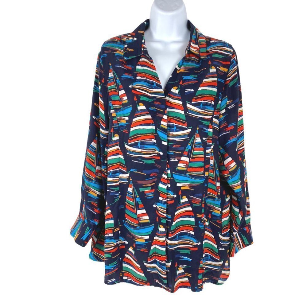 Soft Surroundings Top Petite Medium Nautical Sail Away Sailboat Multicolor